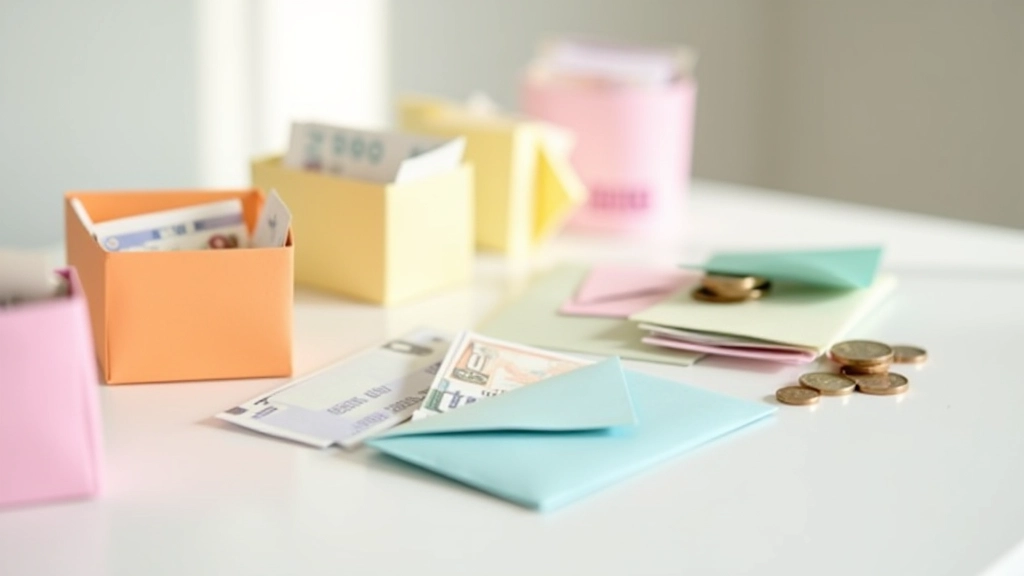 Enveloppes de budget colorées avec des billets et des pièces, disposées sur un bureau blanc