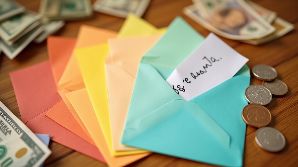 Trois enveloppes de couleurs différentes avec étiquettes écrites à la main sur table en bois, avec des billets et pièces à côté