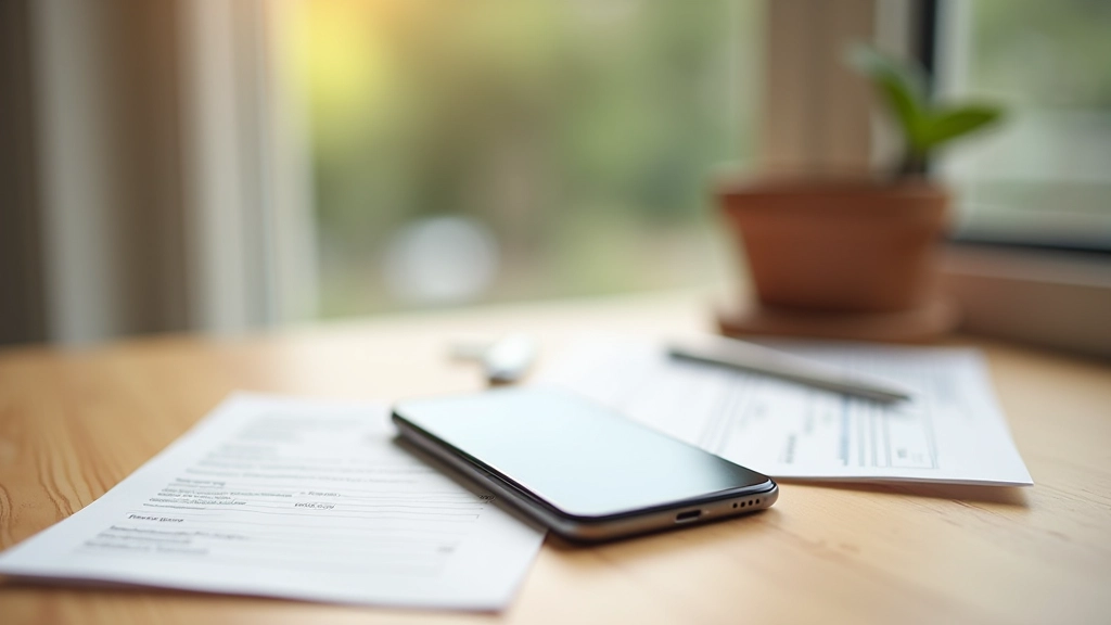 Environnement de travail moderne avec outils de suivi financier et téléphone