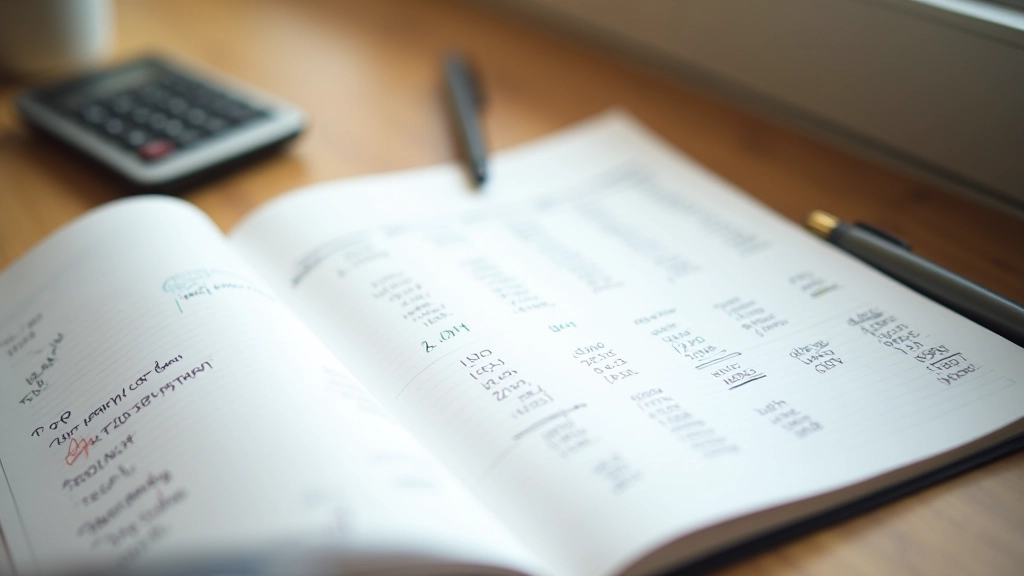 Cahier de suivi financier ouvert avec graphiques et chiffres écrits à la main, stylo et calculatrice à côté