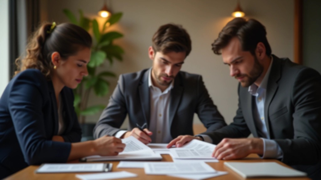 Trois personnes autour d'une table avec des documents financiers et calculatrice, en train de planifier ensemble, lumière naturelle chaleureuse