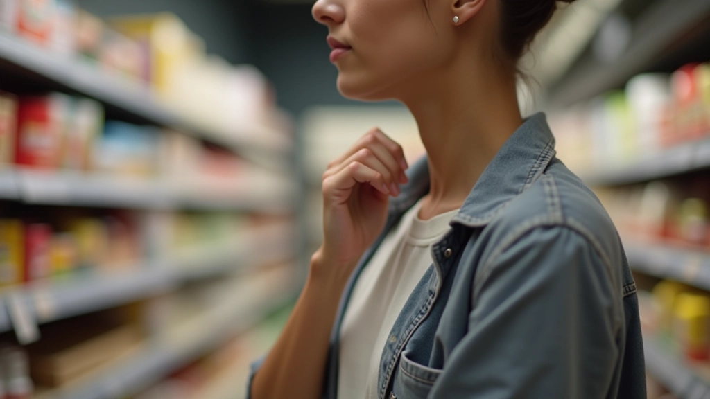 Personne résistant à l'envie d'acheter dans un magasin, tenant un panier vide, expression déterminée