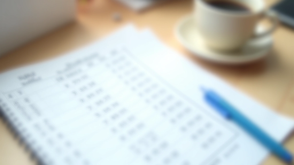 Feuille de calcul imprimée avec colonnes de chiffres, stylo bleu posé dessus, tasse de café à proximité sur un bureau épuré