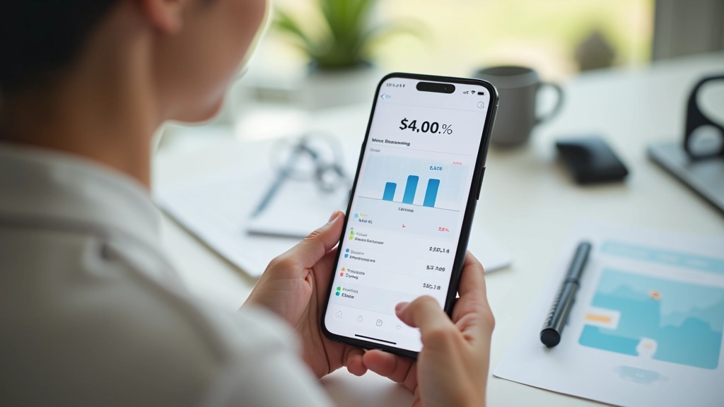 Téléphone posé sur un bureau avec application bancaire affichée, graphique de dépenses visible à l'écran, environnement de travail moderne
