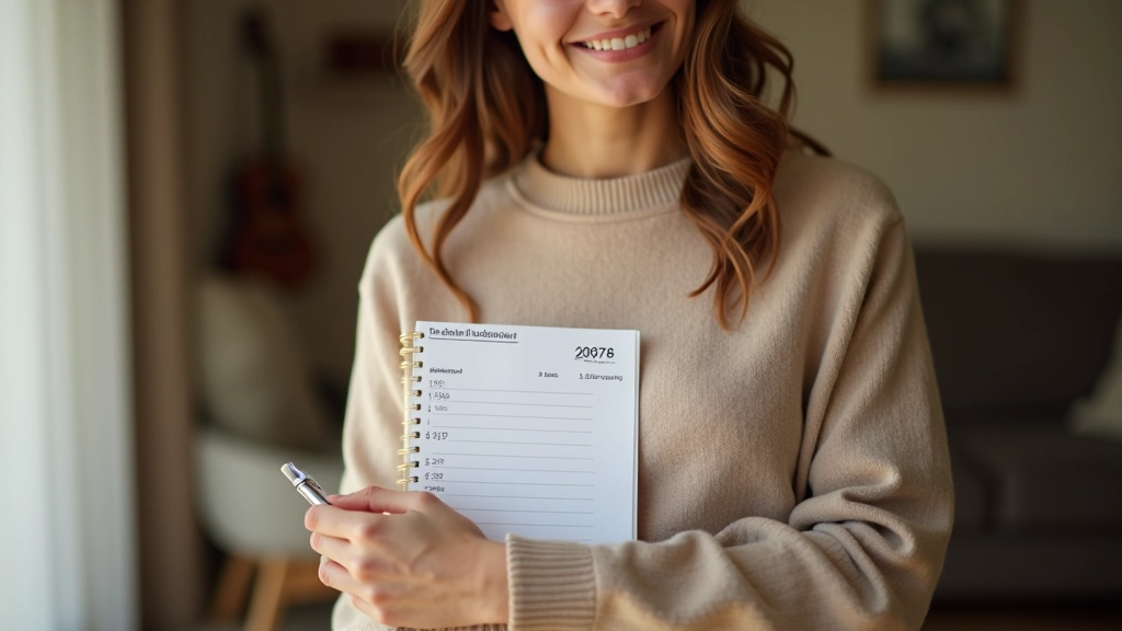 Femme tenant un budget écrit à la main avec des notes colorées et des chiffres bien organisés