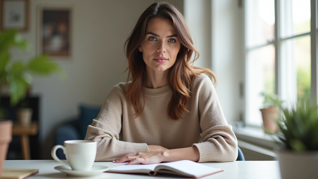 Personne tenant un carnet de budget avec des notes organisées, assis à un bureau avec une tasse de café