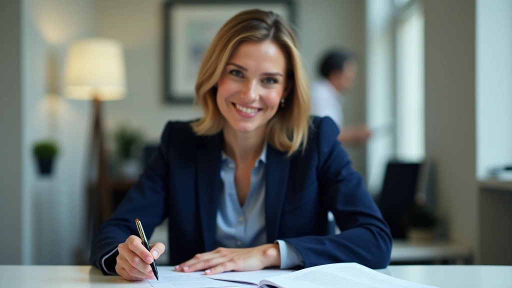 Personne en blazer bleu marine tenant un stylo, assise à un bureau avec des papiers et un carnet ouvert, lumière naturelle du matin
