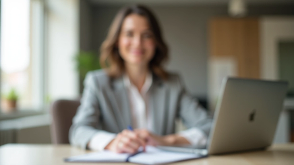 Femme à son bureau avec ordinateur portable, cahier de budget et tasse de café, concentrée sur sa planification financière